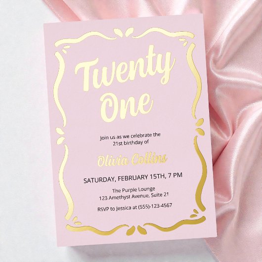 Invitation En Aluminium Vingt et un Gold Script Blush Pink 21e anniversair