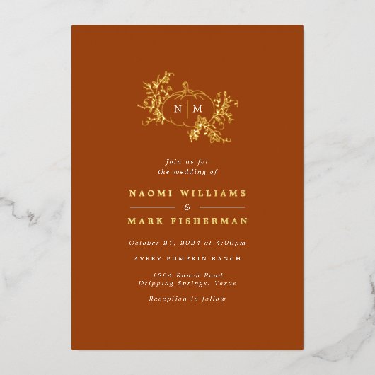 Invitation En Aluminium Vins citrouilles Monogramme Mariage Foil Invitatio (Recto)