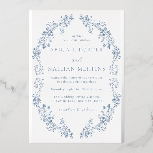 Invitation En Aluminium Vintage Elegant Blue & Silver Mariage (Recto)