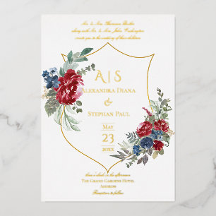 Invitation En Aluminium Vintage Floral Magenta Crest Monogramme Mariage