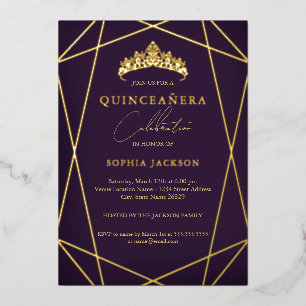 Invitation En Aluminium Violet Géométrique Élégant Quinceanera en Or