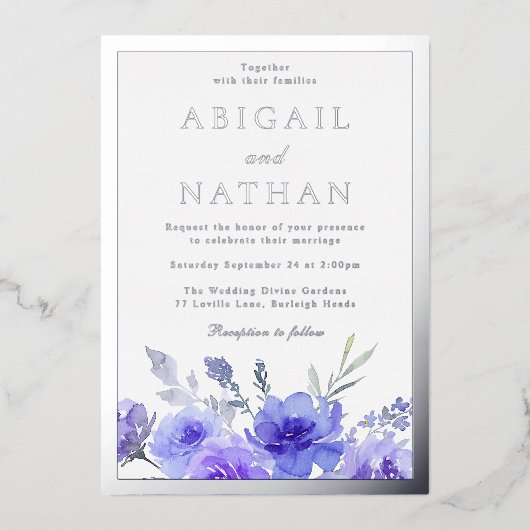 Invitation En Aluminium Violet violet Floral Mariage Argent frontière (Recto)