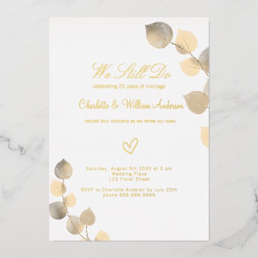 Invitation En Aluminium Vow renouvellement or eucalyptus mariage (Recto)