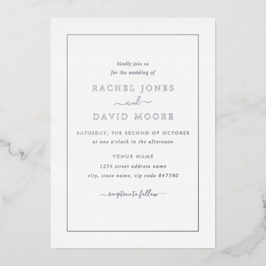 Invitation En Aluminium VRAI ARGENT FOIL Mariage noir moderne (Recto)