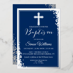 Invitation En Aluminium Vrai baptême garçon bleu marine paillettes argenté