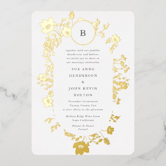 Invitation En Aluminium VRAI Cercle or Monogramme Oval Fleur sauvage séché (Recto)