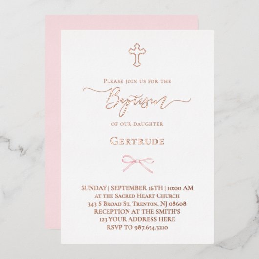 Invitation En Aluminium vrai feuille petit arc rose Baptême (Recto/Verso)