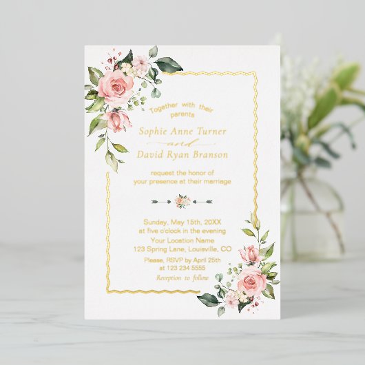 Invitation En Aluminium VRAI Mariage floral rose FOIL (Debout devant)