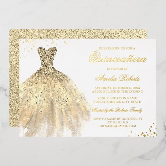 Invitation En Aluminium VRAI OR FOIL Or Sparkle robe Quinceanera (Recto/Verso)