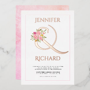 Invitation En Aluminium Vrai or rose feuille esperluette, roses roses mari