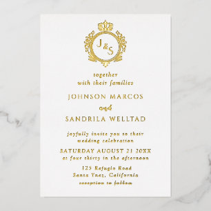 Invitation En Aluminium Vrai papier d'or élégant monogramme couronne maria