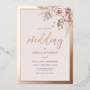 Invitation En Aluminium Vrai Rose Gold Foil Bordure Blush Floral Mariage