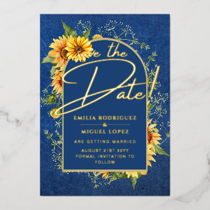 Invitation En Aluminium Vrais TOURNESOLS BLEUS en FEUILLE D'OR Mariage Enr