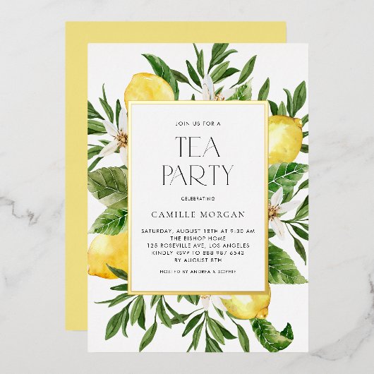 Invitation En Aluminium Watercolor Citron cadre Botanique Tea Party (Recto/Verso)