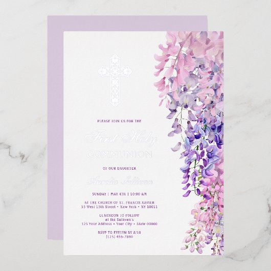 Invitation En Aluminium Watercolor Wisteria First Communion (Recto/Verso)