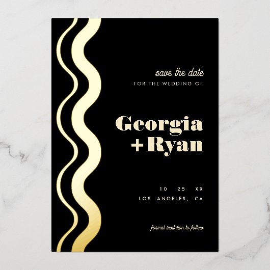 Invitation En Aluminium Wavy Edge Moderne Rétro Noir Enregistrer la date R (Recto)