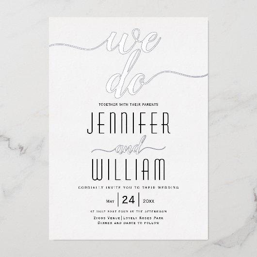 Invitation En Aluminium "We do" élégant script calligraphie mariage argent (Recto)
