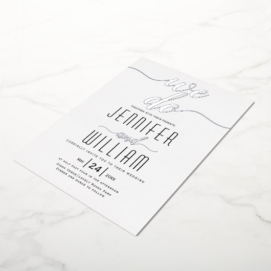 Invitation En Aluminium "We do" élégant script calligraphie mariage argent (Rotation)