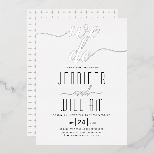 Invitation En Aluminium "We do" élégant script calligraphie mariage argent (Recto/Verso)