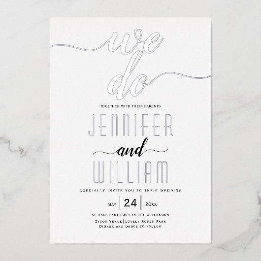 Invitation En Aluminium "We do" script calligraphie mariage argent réel (Recto)