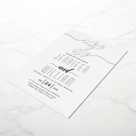 Invitation En Aluminium "We do" script calligraphie mariage argent réel (Rotation)