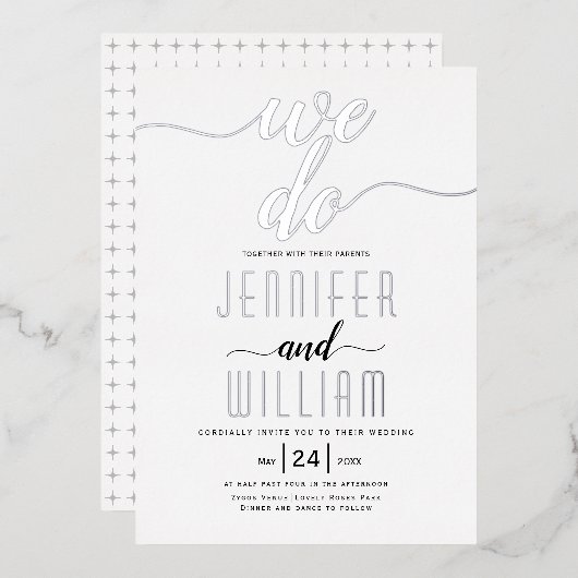Invitation En Aluminium "We do" script calligraphie mariage argent réel (Recto/Verso)