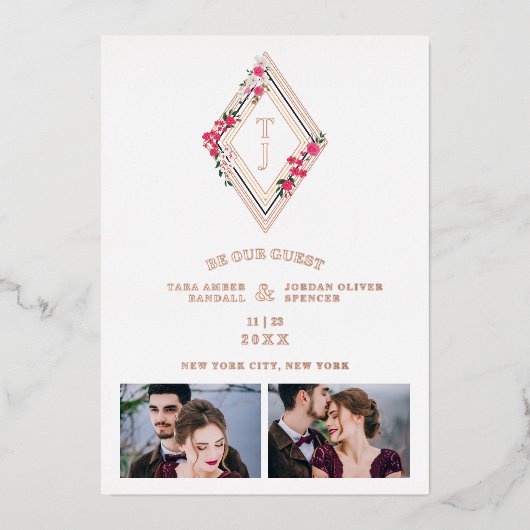 Invitation En Aluminium Wedding Initials 2 Photos Real Rose Gold Effect (Recto)