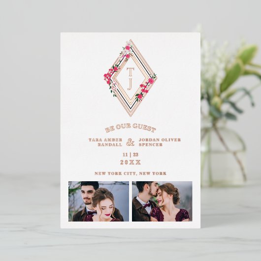 Invitation En Aluminium Wedding Initials 2 Photos Real Rose Gold Effect (Debout devant)