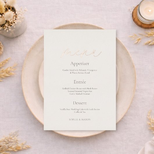 Invitation En Aluminium Wedding Menu with Real Gold Foil | Minimal Ivory 