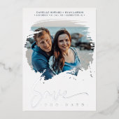 Invitation En Aluminium Wedding Modern Brushstroke Photo Engaged Couple (Recto)