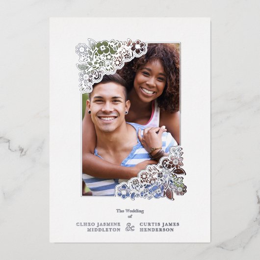 Invitation En Aluminium Wedding Real Silver Effect Fancy Overlay Floral (Recto)