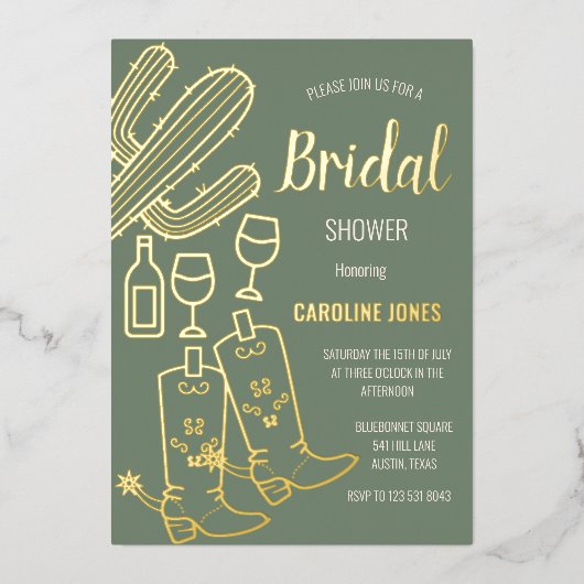 Invitation En Aluminium Western Boots Bubbly Boho Gold Foil Fête des marié (Recto)