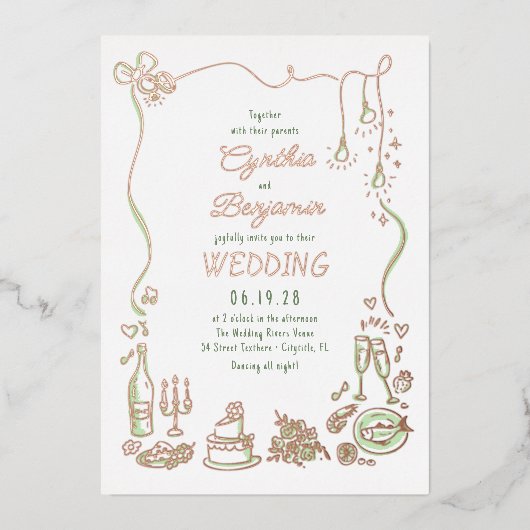 Invitation En Aluminium Whimsical Funky Main tiré Doodles Mariage (Recto)