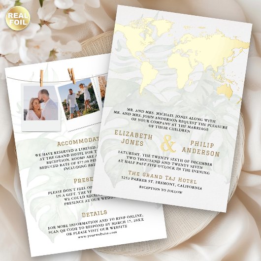 Invitation En Aluminium White Tropical Destination World Map Wedding Gold