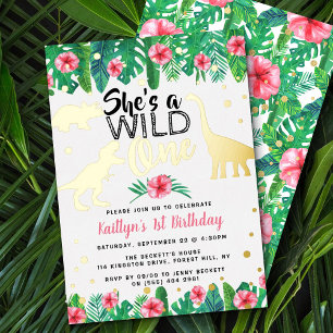 Invitation En Aluminium Wild One Dinosaur Girls 1er anniversaire Real