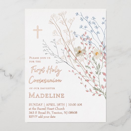 Invitation En Aluminium wildflowers design First Holy Communion (Recto)
