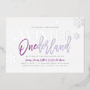 Invitation En Aluminium Winter ONEderland 1er Anniversaire Violet Argent