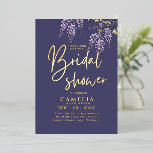 Invitation En Aluminium Wisteria Gold Foil Purple FÊTE DES MARIÉES QR Code (Debout devant)