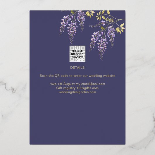 Invitation En Aluminium Wisteria Gold Foil Purple FÊTE DES MARIÉES QR Code (Verso)