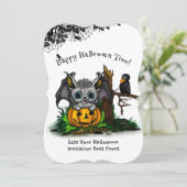 Invitation En attente d'Halloween, Bat mignonne et Corbeau (Debout devant)