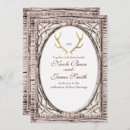 Invitation en bois blanc avec bois de cerf rustiqu (Devant / Derrière)