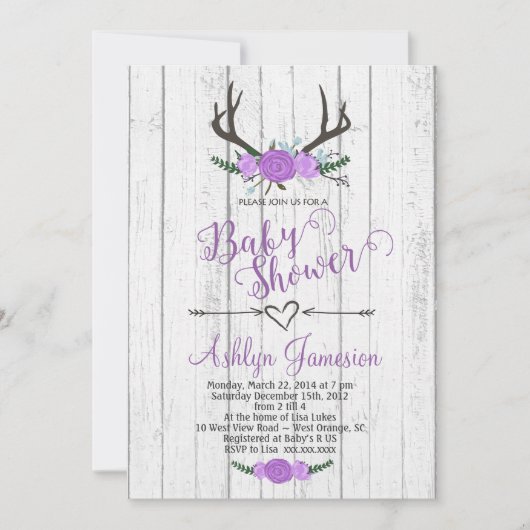 Invitation en bois blanche de baby shower d'Antler (Devant)