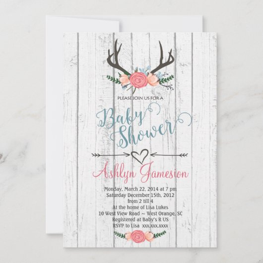 Invitation en bois blanche de baby shower d'Antler (Devant)