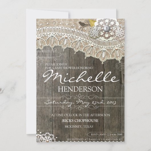 Invitation en bois de baby shower de dentelle (Devant)