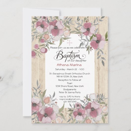 Invitation en bois de baptême d'Athéna (Devant)