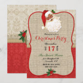 Invitation en burlap damassé avec Père Noël pour N (Devant / Derrière)