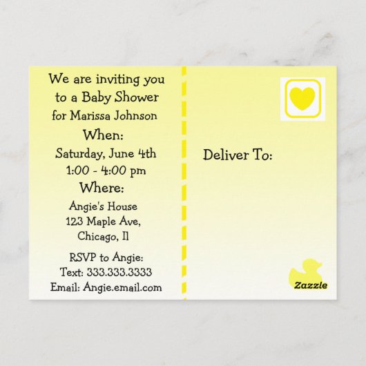 Invitation en caoutchouc jaune de Duckie (Dos)