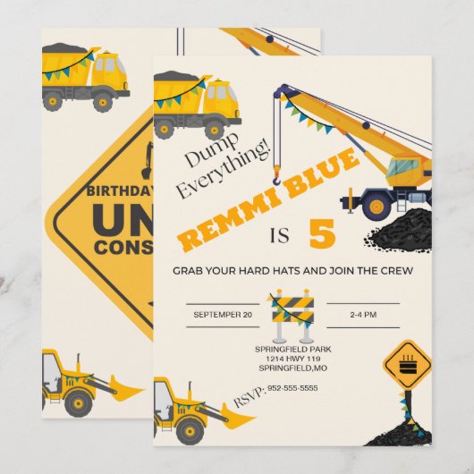 Invitation En construction ! Anniversaire (Devant / Derrière)