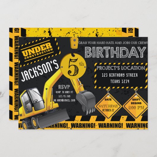 Invitation En construction Excavateur Noir Jaune Anniversaire (Devant / Derrière)
