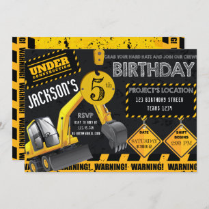 Invitation En construction Excavateur Noir Jaune Anniversaire